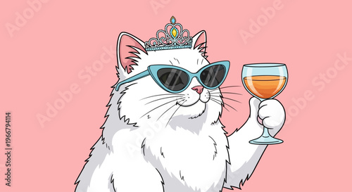 Charming white cat queen in sunglasses and a sparkling tiara, holding a celebratory glass of drink against a playful pink backdrop, embodying feline sophistication and fun