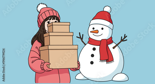 Joyful young girl delivering festive holiday presents alongside a cheerful snowman in a heartwarming winter illustration with a light blue background