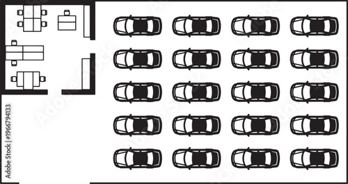 Conceptual architectural blueprint of a modern parking garage, meticulously illustrating multiple cars neatly parked in designated spaces.