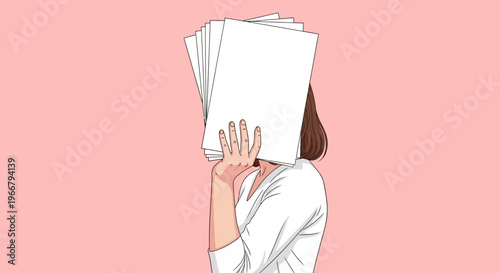 Person Hiding Face Behind Stack of Documents, Representing Overwhelm or Secrecy
