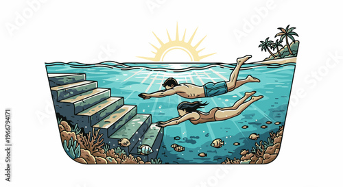 A couple swims in clear blue water near stairs and a tropical island