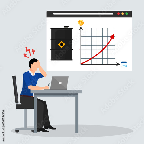Stressed businessman analyzing rising oil prices chart on laptop, symbolizing energy crisis, increasing oil prices, and financial pressure on business and economy.