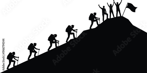 Black silhouette of a team climbing a mountain together reaching the summit with a flag to celebrate victory and business success.