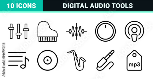 Audio Equipment and Music Production Minimalist Line Art Symbols for Digital Interface Design and Sound Engineering Applications