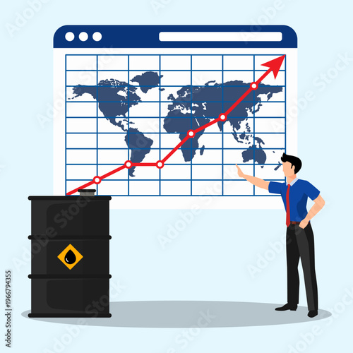 Businessman presenting rising global oil price chart on world map, symbolizing increasing energy costs, crude oil market growth, and economic trends.