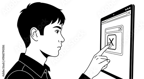 Person closing a digital window by tapping the 'X' icon on a tablet screen, showcasing user interface interaction and task completion in a modern illustration
