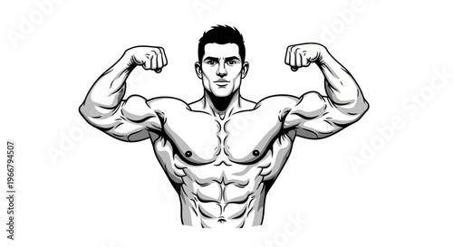 Powerful Muscular Man Flexing Biceps in Dynamic Pose, Showcasing Strength and Athletic Physique, Ideal for Fitness and Bodybuilding Concepts