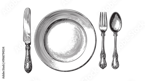 Vintage Engraved Table Setting with Plate Fork Spoon and Knife on ink engraving line black png