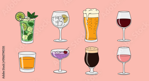 Assortment of Alcoholic and Non-Alcoholic Drinks in Various Glasses
