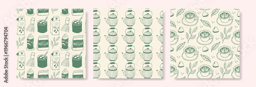 Whimsical green matcha tea patterns on cream background