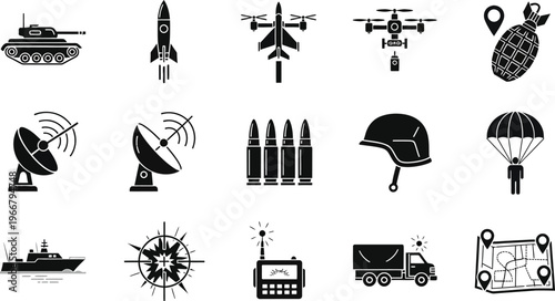 Military equipment and vehicles icon set a comprehensive collection of warfare and defense symbols
