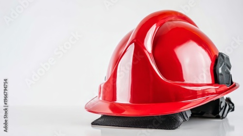 Bright red firefighter helmet on white background. Protective safety headgear for fire rescue equipment. Professional firefighting gear for emergency service and industrial hazard control.