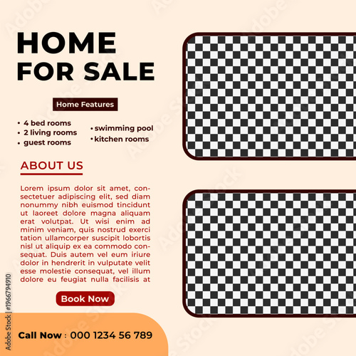 Modern Real Estate Social Media Post Template. Peach and Orange Color Design Vector. Clean Professional Layout with Editable Text and Placeholder for Property Image. Ideal for Real Estate Marketing