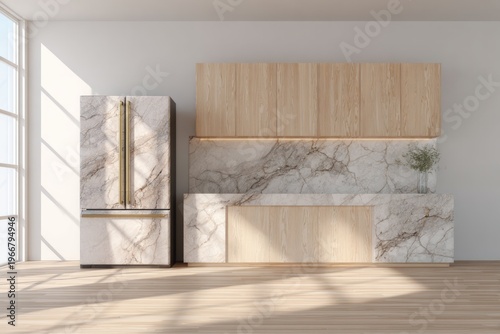 Modern kitchen interior with marble and wood cabinetry and refrigerator.