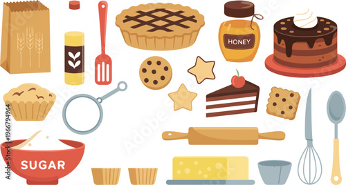 Cute cooking and baking ingredients vector set featuring chocolate cake, cookies, pie, donut, utensils, and kitchen supplies flat design