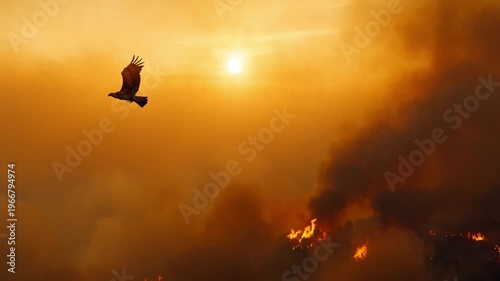 Soaring Eagle Amidst Wildfire: A majestic eagle soars gracefully through a smoky sky, its silhouette contrasting against the fiery glow of a raging wildfire.