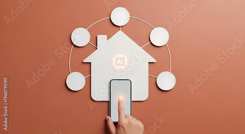 Artificial Intelligence smart home system template with blank customizable icons and smartphone control for IoT technology website header