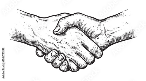 Close-up black and white hand-drawn of two hands firmly shaking in a ink engraving line png
