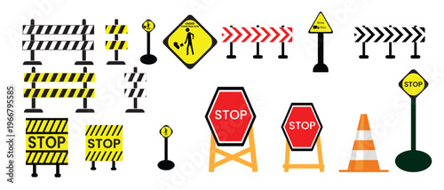 Road barrier icon set.Vector set of road construction barriers and safety barricade icon,Vector illustration. Construction Barrier. Stop traffic road. Under construction highway restricted symbol.