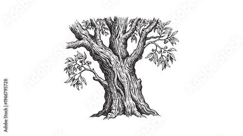 Detailed black and white ink of an ancient gnarled oak tree with engraving line png