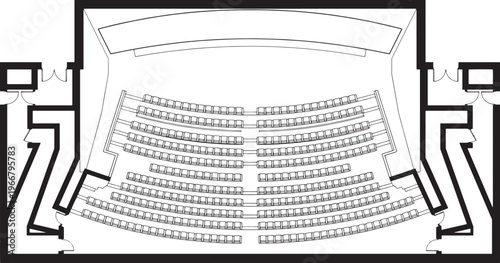 A detailed architectural diagram showcases a top-down view of a modern performance hall's seating arrangement and stage design.