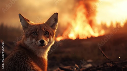 Burning Forest Sentinel: A resilient fox stands amidst a blazing forest, its eyes reflecting the intensity of the flames, highlighting nature's resilience. 