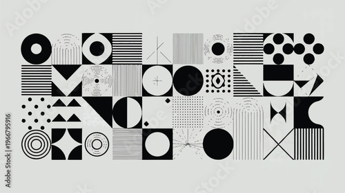 Geometric shapes and patterns in black and white on light gray background