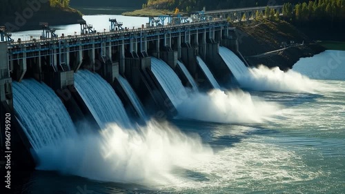 Power of Hydro: A robust dam stands strong as a powerful torrent of water surges through its gates, showcasing the might of hydropower in its purest form.