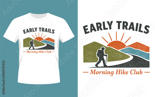 Early Trails Morning Hike Club Vintage Hiking T‑Shirt Design Vector Illustration