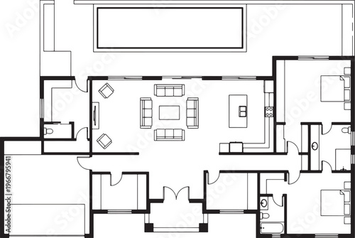 A modern architectural house plan. A detailed top-down view of a sophisticated home layout.