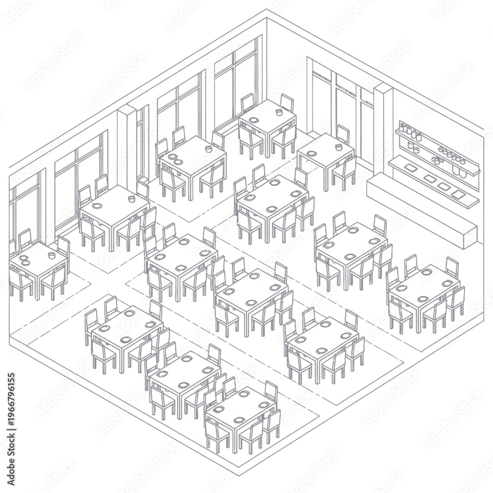 Obraz premium Isometric View of a Restaurant Dining Area with Tables and Chairs.