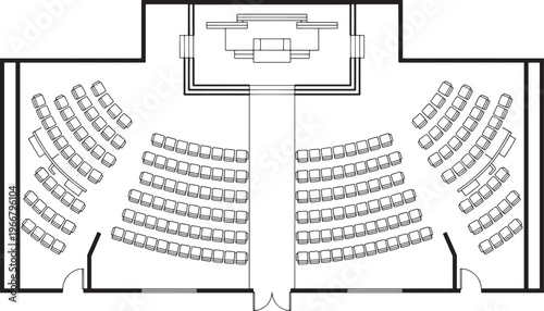 Detailed overhead view reveals the meticulous architectural floor plan of a formal auditorium, featuring orderly rows of seating and a prominent stage area, highlighting the structural design.