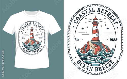 Coastal Retreat Ocean Breeze T‑Shirt Design with Lighthouse Illustration and Vintage Nautical Badge