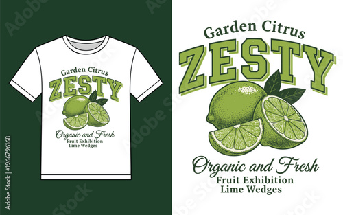Zesty Garden Citrus T Shirt Design with Realistic Green Lime Fruit Wedges and Organic Typography Illustration