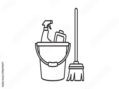 Cleaning supplies, janitorial tools, bucket and broom, housekeeping icons, vector isolated on White Background