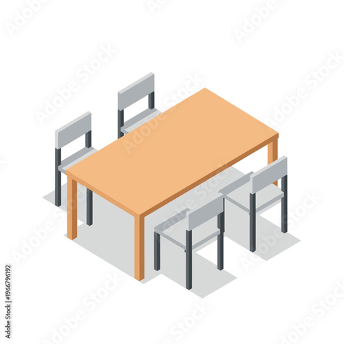 Isometric Wooden Dining Table with Four Chairs Isolated on White Background.