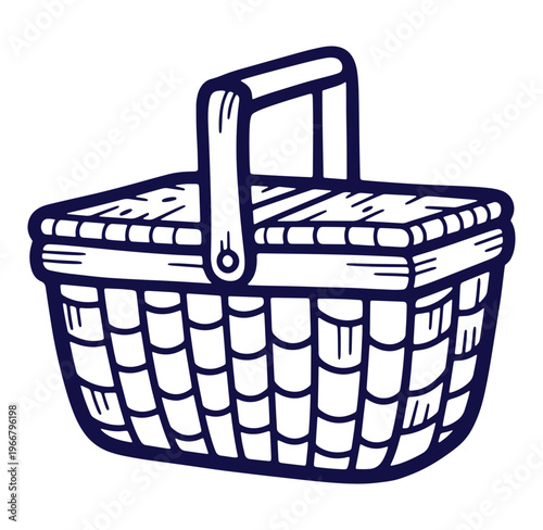 Illustrated picnic basket icon in navy outline perfect for outdoor leisure activities and summer.