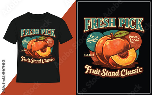 Vintage Peach Fruit Stand Illustration – Fresh Pick Retro Farm Market T‑Shirt Design