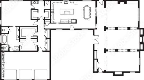 Architectural blueprint showcases intricate home layout, featuring multiple rooms, corridors, and interior design elements.