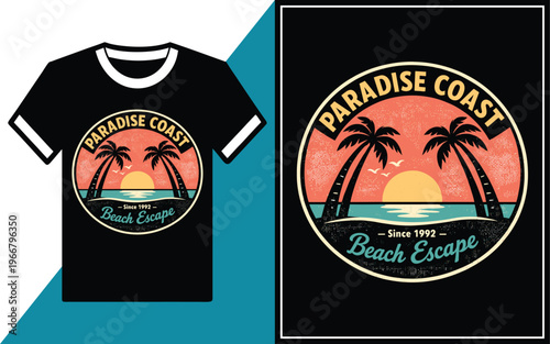 Paradise Coast Beach Escape Vintage Sunset Palm Trees Badge T‑Shirt Design Vector Illustration