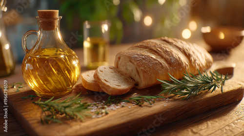 A wooden cutting board with sliced bread and a bottle of olive oil