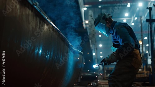 Artisan at Work: In a dimly lit industrial setting, an artisan is focused intently on the welding process, crafting with precision and expertise, creating a spectacle of sparks.