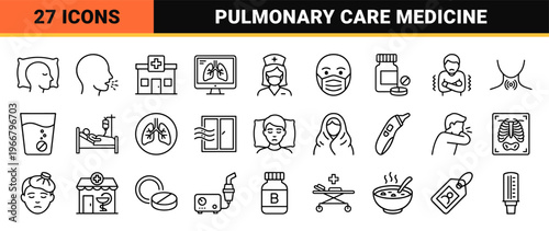Pneumonia and Respiratory Health Medical Line Art. Minimalist Monoline Pulmonary Care Symbols for Clinical Healthcare and Disease Prevention.