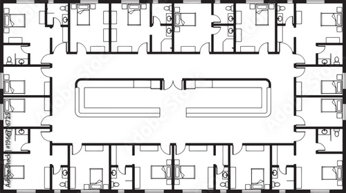 An architectural blueprint of a dorm room floor plan. Illustrating an efficient and structured room layout.