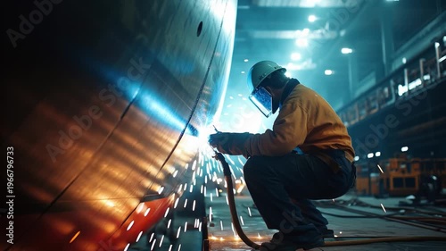 Craftsman at Work: A skilled craftsman, shielded and focused, expertly welds a massive steel structure within a modern industrial facility. Capturing precision, strength and labor.