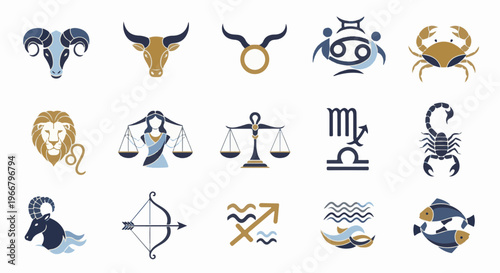 A grid of twelve zodiac sign symbols in a stylized, graphic design