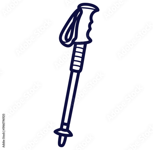 Simple and stylish hand drawn illustration of a single hiking or trekking pole on white background