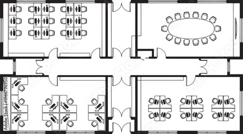 Office layout design, a blueprint style drawing, illustrating the interior architecture of an office space, with a bird's-eye view, detailing meeting room, individual workstations and corridors.