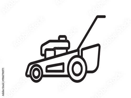 Lawn mower icon, gardening tool, lawncare equipment, black line art isolated on White Background