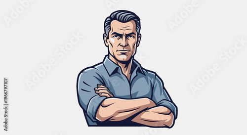 A determined middle-aged man with graying hair and arms crossed